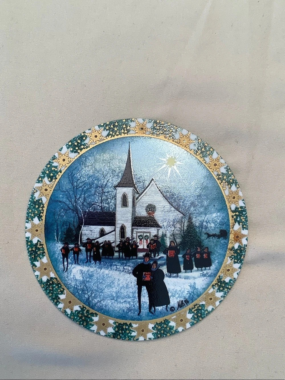P Buckley Moss Christmas Carol Snow Star Triptych Ornament Blue & Gold